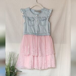Calvin Klein Jeans Girls Light Blue Denim & Pink Eyelet Lace Dress Size 7